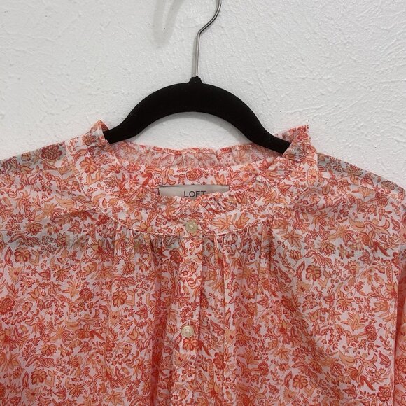 Ann Taylor LOFT Jungle Ruffle Neck Poet Blouse Womens LRG Orange Prairie Cottage - Picture 2 of 9